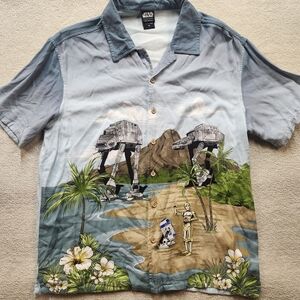 Star Wars Button Up Men's Sz M Hawaiian Shirt Beach Blue